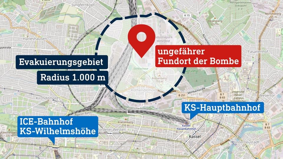 Sprengung von 500-Kilo-Weltkriegsbombe in Kassel: Evakuierung und massive Einschränkungen